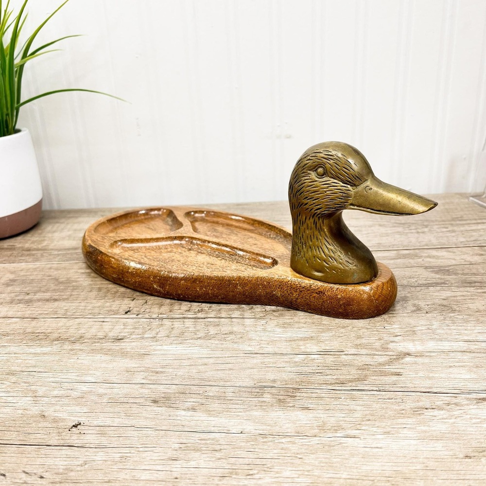 Vintage Brass Duck Tray: Wood Catch All Tray Valet Organizer